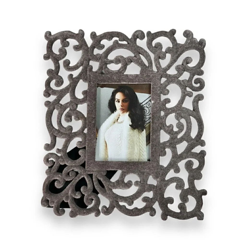 Grey Velvet Scroll Flourish Ornate Decorative Rectangular Picture Photo Frame